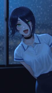 Anime Girl with Vibrant Green Eyes in Rainy Night Mobile Wallpaper