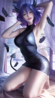 Beautiful Anime Demon Girl with Purple Hair in Black Dress Wallpaper