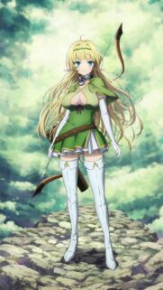 Beautiful Blonde Elf Archer Anime Girl Standing on Cliff Wallpaper