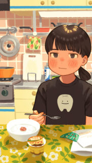 Cute Anime Girl Eating Breakfast Aesthetic Wallpaper for Mobile Phone