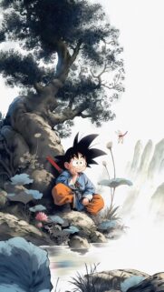Young Goku Resting Under Ancient Tree Anime Art Wallpaper