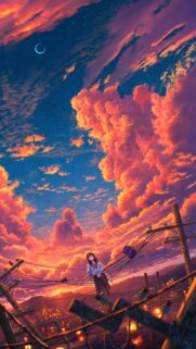 Anime Girl Sitting on Power Lines Against A Vibrant Sunset Sky Wallpaper