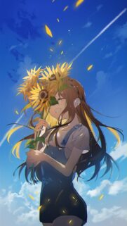 Anime Girl Holding Sunflowers Under a Bright Blue Summer Sky Wallpaper