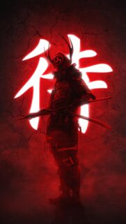 Stunning Samurai Warrior with Neon Japanese Kanji Wallpaper in Red and Black