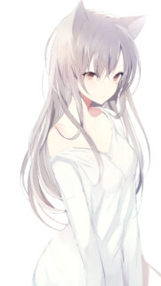 Beautiful Anime Cat Girl with Flowing Grey Hair High Resolution Wallpaper