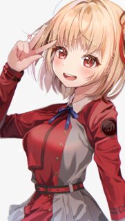 Cute Anime Girl with Blonde Hair and Red Eyes Peace Sign Mobile Wallpaper