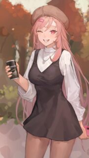 Anime Girl with Pink Hair and Beret Holding Coffee Mobile Wallpaper