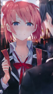 Anime Girl with Pink Hair Smiling Wallpaper for Mobile Phone