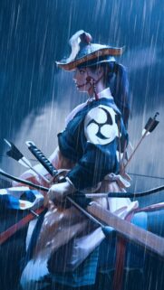 Samurai Archer in Blue Rain Digital Art Mobile Wallpaper