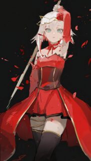 Anime Warrior Girl in Red Dress with Spear Premium Mobile Wallpaper