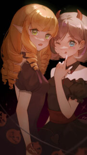 Cute Anime Elf and Demon Girls Halloween Wallpaper for Mobile