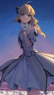 Anime Girl in Elegant Dress Under Twilight Starry Sky Wallpaper