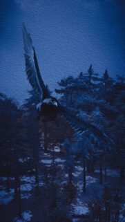 Majestic Crow Flying Over Dark Winter Forest Oil Painting Style Mobile Wallpaper
