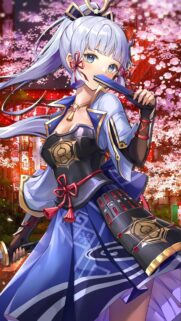 Kamisato Ayaka Genshin Impact Anime Girl Wallpaper with Cherry Blossoms