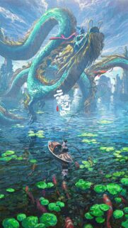 Stunning Fantasy Dragon and Fisherman Mobile Wallpaper in Watercolor Style