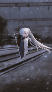 Melancholic Anime Girl with Long White Hair on Train Tracks Wallpaper