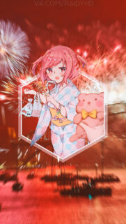 Anime Girl in Kimono with Fireworks Wallpaper – Vibrant Pink Festival Background for Mobile
