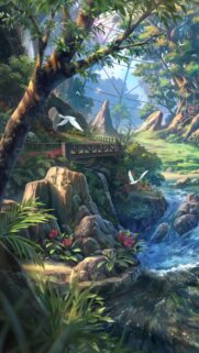 Fantasy Nature Landscape with Waterfall and Birds Mobile Wallpaper