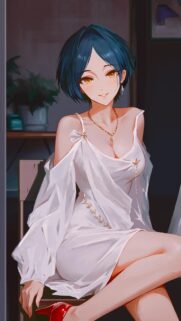 Stunning Anime Girl with Short Blue Hair in Elegant White Dress Mobile Wallpaper
