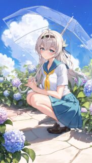 Beautiful Anime Girl with Umbrella and Hydrangeas Wallpaper for Mobile