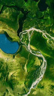 Stunning Aerial View of Meandering River and Blue Lake Landscape Wallpaper