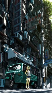 Anime Girl Standing Beside Teal Tuk Tuk in Narrow Japanese Street Wallpaper