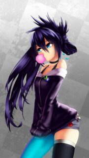 Anime Girl with Purple Hair Blowing Bubblegum High Quality Mobile Wallpaper