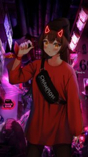 Neon Cyberpunk Anime Girl in Red Sweatshirt Wallpaper for Mobile