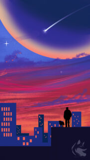 Stunning Silhouette of a Person Walking a Dog on a Rooftop Under a Vibrant Cosmic Sky Wallpaper