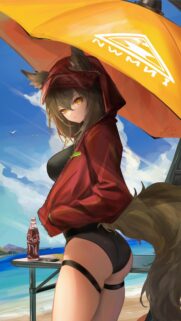 Anime Beach Girl with Animal Ears and Red Hoodie Wallpaper for Mobile