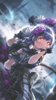 Gothic Anime Girl with Glowing Red Eyes and Purple Roses Wallpaper