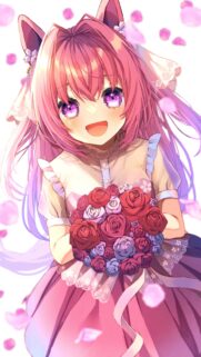 Cute Anime Girl with Pink Hair and Rose Bouquet High Quality Phone Wallpaper