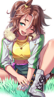 Cute Anime Girl with Brown Hair and Green Eyes Sitting in Grass Mobile Wallpaper