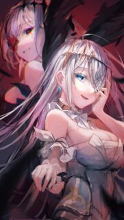 Dual Personality Anime Girl with White Hair and Dark Wings Mobile Wallpaper