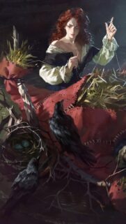 Mystical Redheaded Seamstress with Ravens Dark Fantasy Mobile Wallpaper