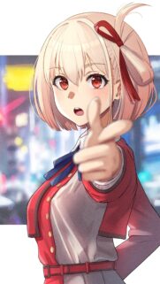 Chisato Nishikigi Lycoris Recoil Anime Girl Pointing Wallpaper 4K