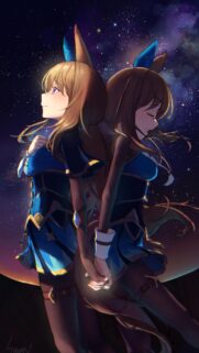 Anime Girls Standing Back to Back Under a Starry Night Sky Mobile Wallpaper