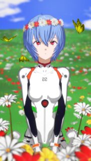 Rei Ayanami with Flower Crown in Meadow Anime Mobile Wallpaper