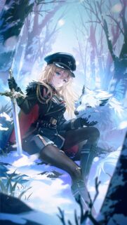 Anime Girl Commander with White Wolf in Snowy Forest Wallpaper