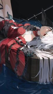 Stunning Anime Girl with Silver Hair in Red Gothic Dress Vertical Phone Wallpaper