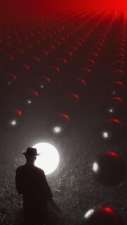 Surreal Noir Silhouette with Floating Red Orbs Mobile Wallpaper
