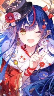 Cute Anime Girl with Blue Hair and Festive Kimono High Resolution Wallpaper