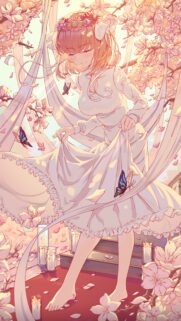 Beautiful Anime Girl in White Dress Surrounded by Cherry Blossoms and Butterflies Mobile Wallpaper
