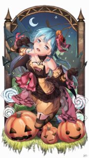 Cute Anime Girl Halloween Costume Wallpaper with Pumpkins and Candy