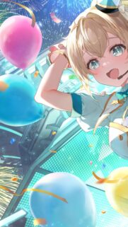 Cute Anime Idol Celebrating with Fireworks and Balloons Mobile Wallpaper
