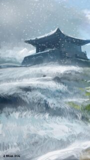 Serene Traditional Asian Temple in Winter Snowfall Digital Painting Wallpaper