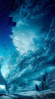 Anime Girl and Cat Watching Ethereal Blue Galaxy Clouds Mobile Wallpaper