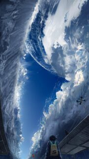 Anime Girl Under Swirling Surreal Clouds Mobile Wallpaper – High Resolution