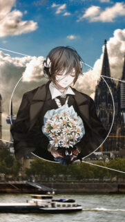 Melancholic Anime Boy with Flowers Wallpaper for Mobile