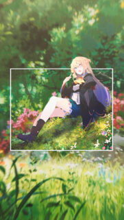 Anime Girl Sitting in a Sunny Forest Meadow Mobile Wallpaper